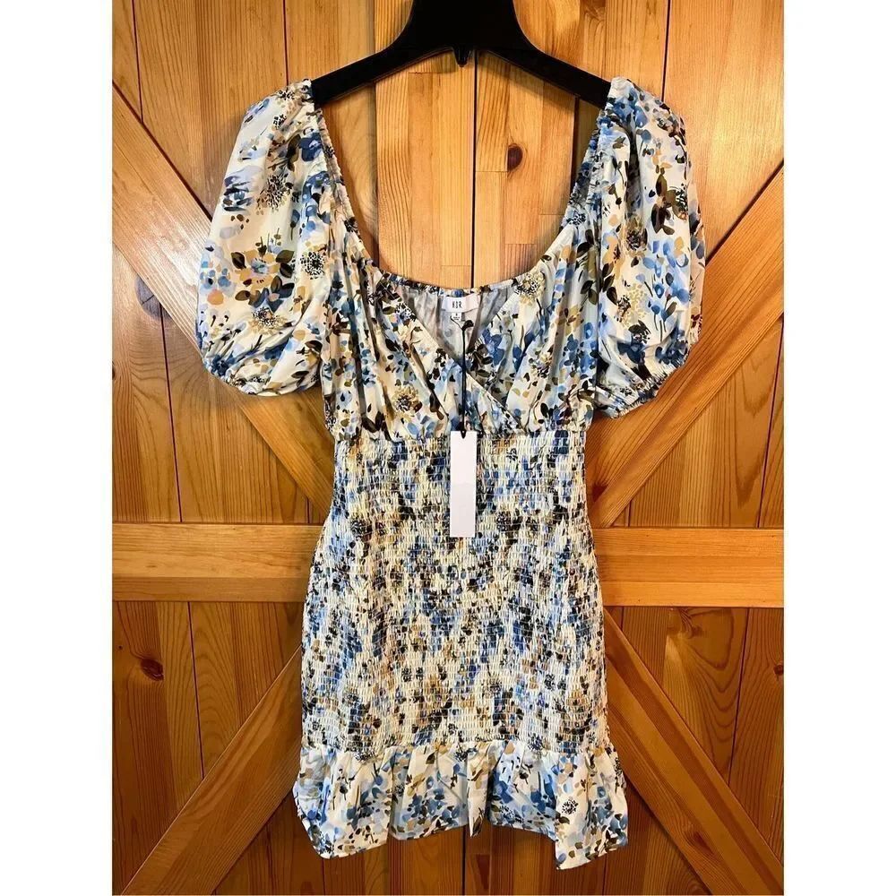 NSR Puff Sleeve Smocked Mini Dress Satin Short Ivory Blue Floral Size Small nwt